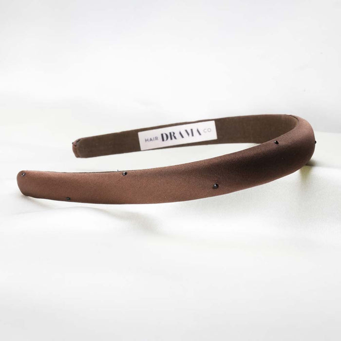 100% Mulberry Silk Puff Hair Band with Rhinestones - Dark Brown