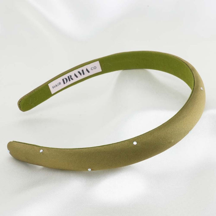 100% Mulberry Silk Puff Hair Band with Rhinestones - Jade Green