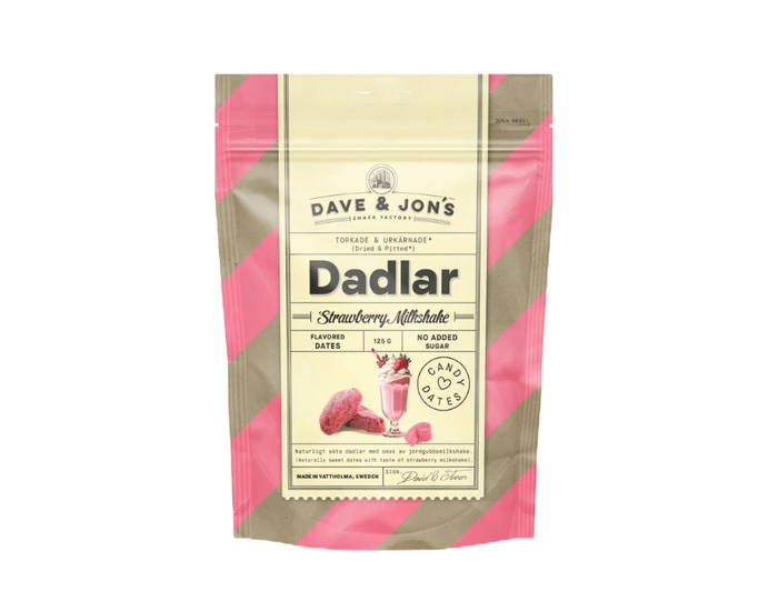 2 x Dave & Jon's Dadlar Strawberry Milkshake 125g (4.40 oz) – Natural Swedish Date Snack – Vegan & No Added Sugar