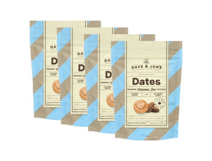 4 x Dave & Jon's Dadlar Cinnamon Bun 125g (4.40 oz) – Swedish Cinnamon Bun Flavored Dates – Vegan Snack
