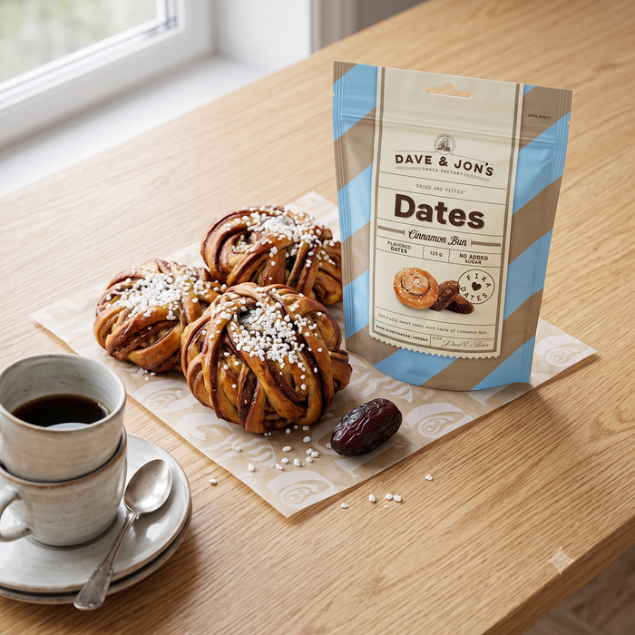 5 x Dave & Jon's Dadlar Cinnamon Bun 125g (4.40 oz) – Swedish Cinnamon Bun Flavored Dates – Vegan Snack