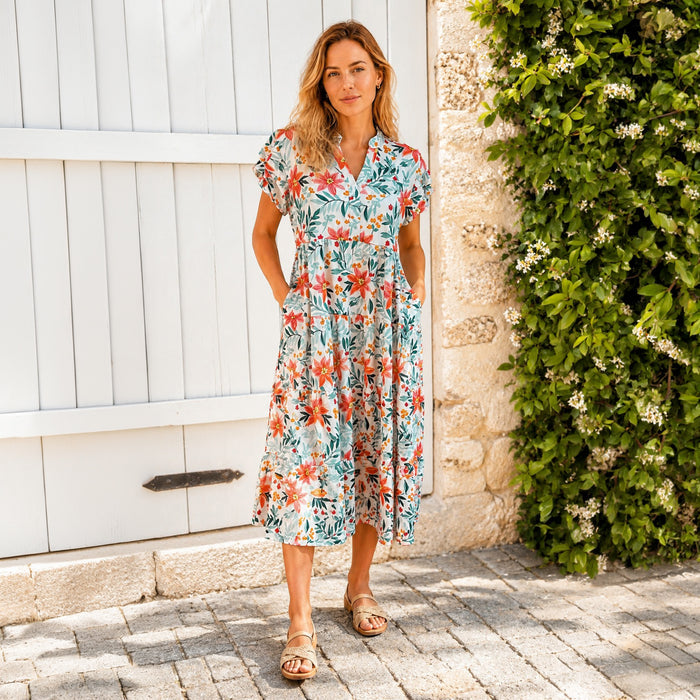 50230 – Multi Floral Ruffle Sleeve Top with Pockets