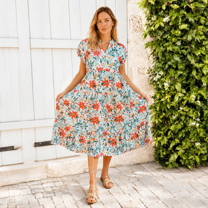 50230 – Multi Floral Ruffle Sleeve Top with Pockets