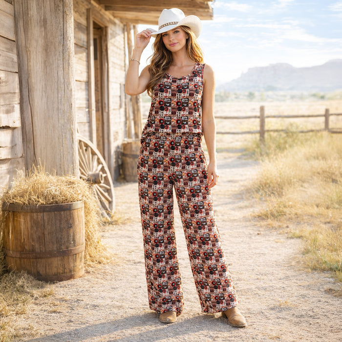 50255 – Western Collage Print Top and Wide Leg Pants Set with Pockets