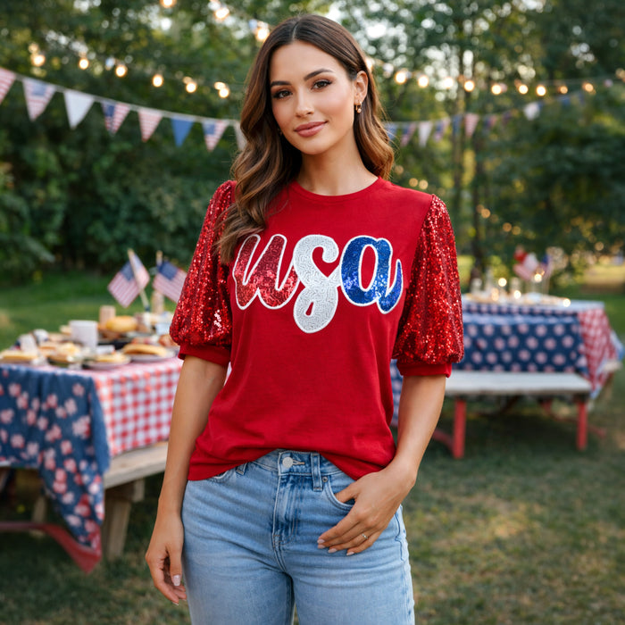50260 – USA Sequin Top with Sequin Puffed Sleeves