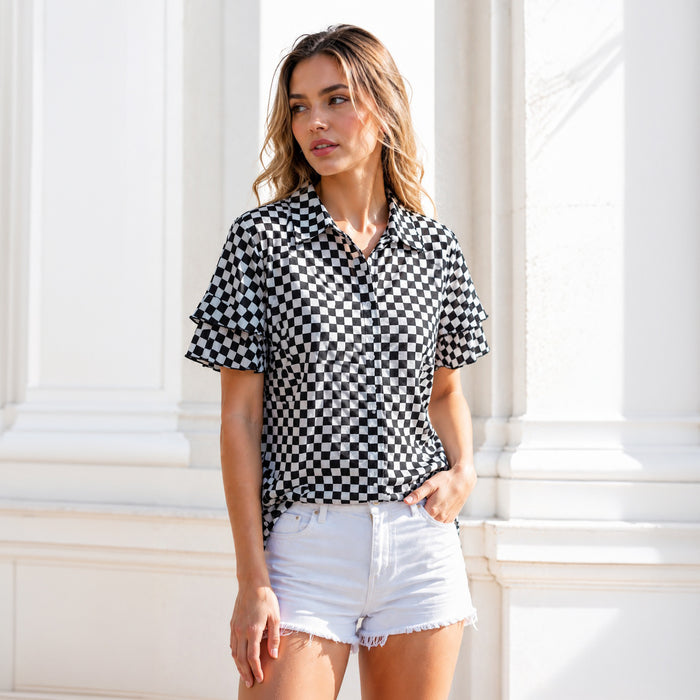 50268 – Checkered Mesh Button-Up Top with Ruffle Sleeves