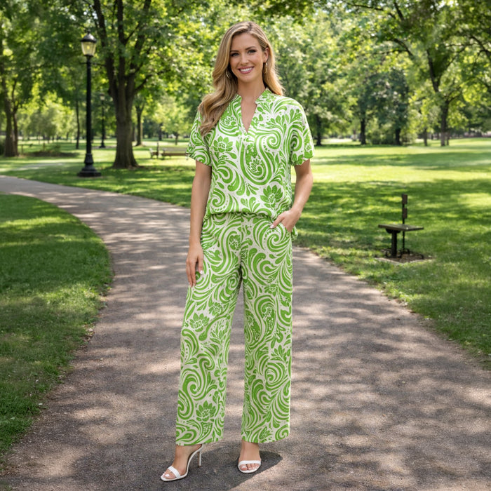 50279 – Paisley Print Wide Leg Pants and Top Set with Pockets