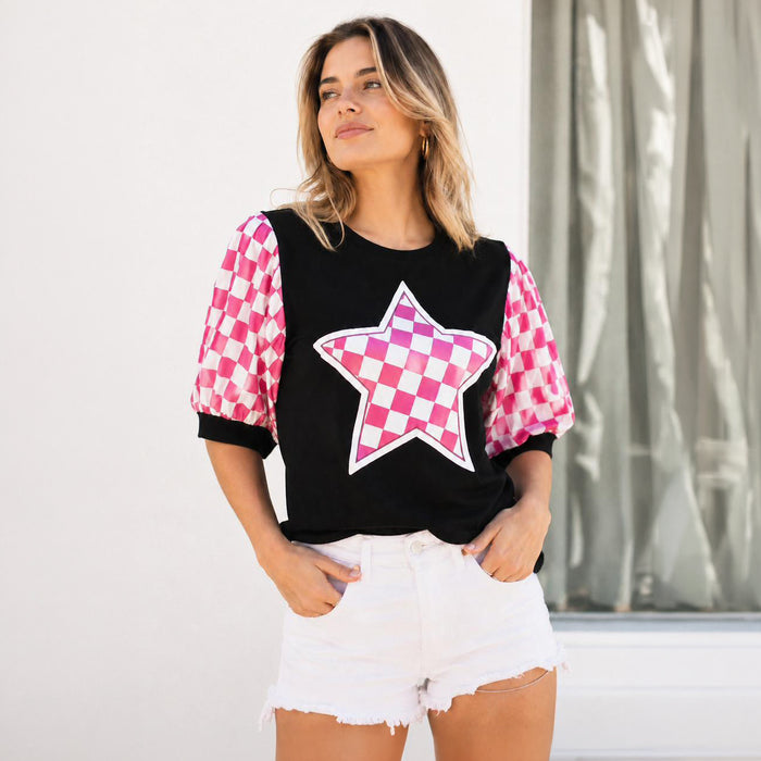 50298 – Pink & White Checkered Star Puff Sleeve Top