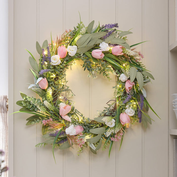 55cm Pre Lit Tulip and Lavender Wreath
