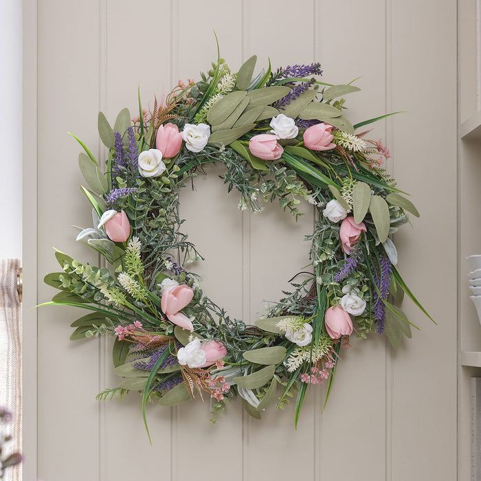 55cm Pre Lit Tulip and Lavender Wreath