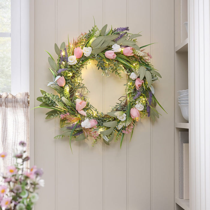 55cm Pre Lit Tulip and Lavender Wreath