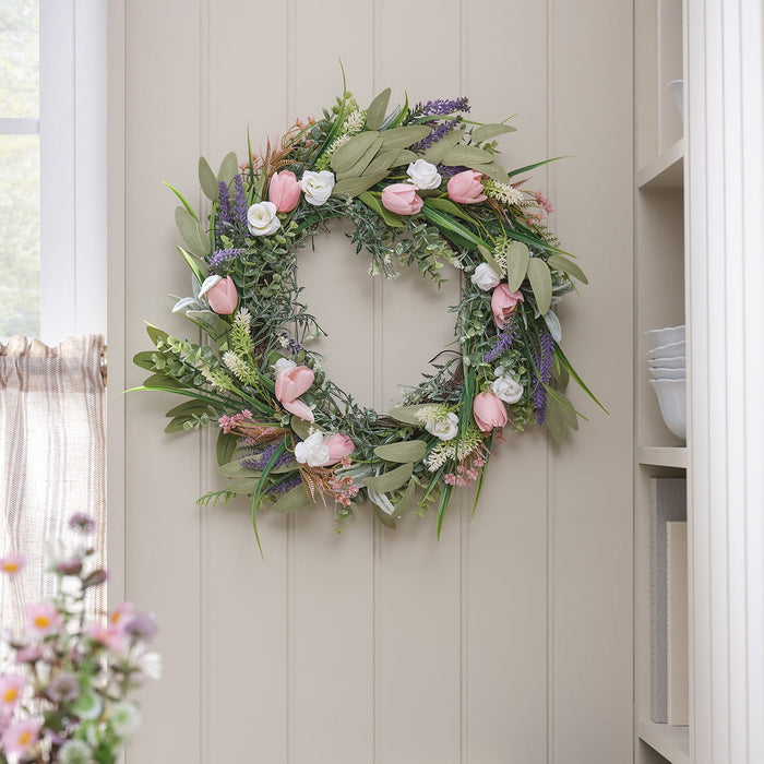 55cm Pre Lit Tulip and Lavender Wreath