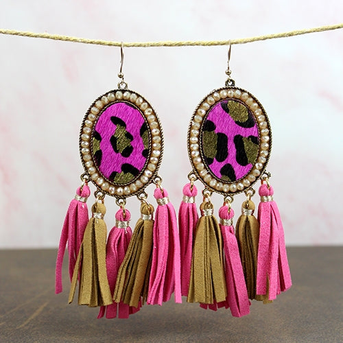 734001 - Animal Hide Tassel Earrings - Fuchsia