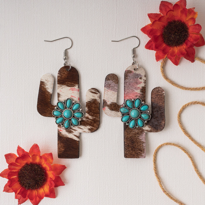 93053 - Animal Print Cactus Earrings - Brown & Pink - Fashion Jewelry Wholesale