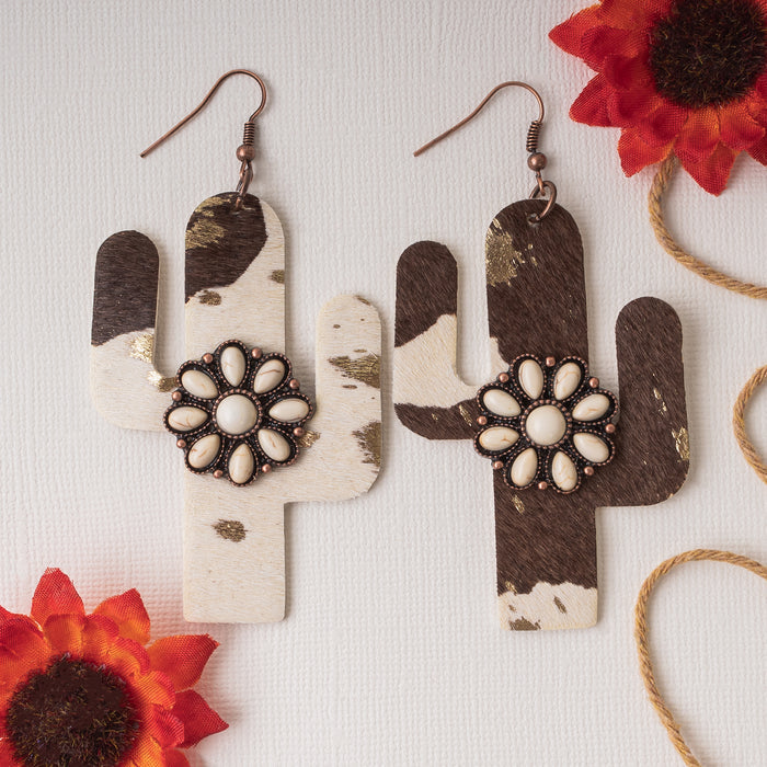 93053 - Animal Print Cactus Earrings - Brown & White - Fashion Jewelry Wholesale