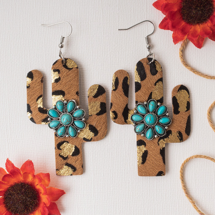 93053 - Animal Print Cactus Earrings - Leopard - Fashion Jewelry Wholesale