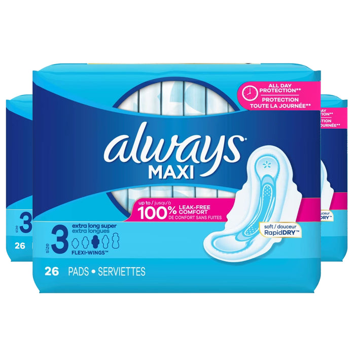 Always Maxi Size 3 Extra Long Super Unscented - 26ct - 3 Pack