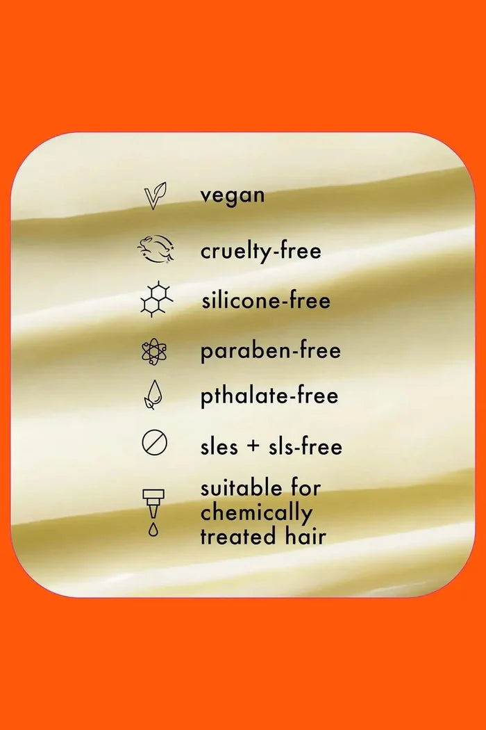 Icons highlighting the vegan, cruelty-free, and safe formula of the Amika Soulfood Nourishing Mask.