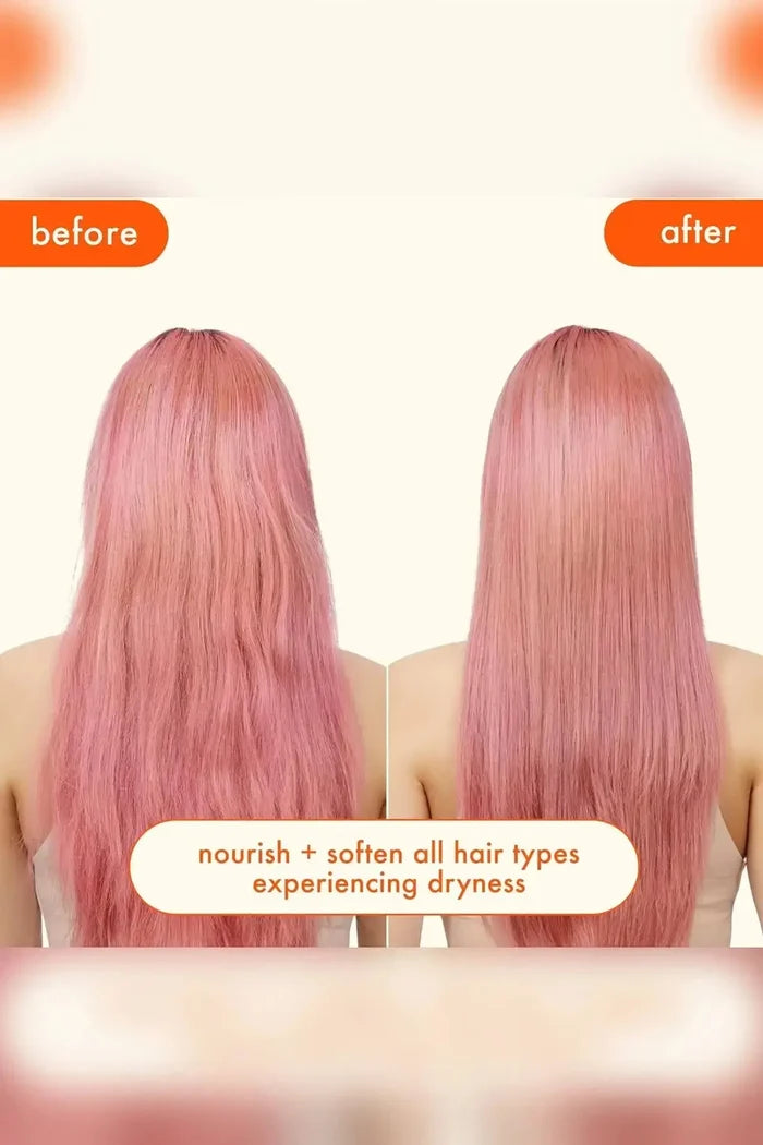 Before and after transformation showing dry hair softened by this Hydrating Hair Mask.