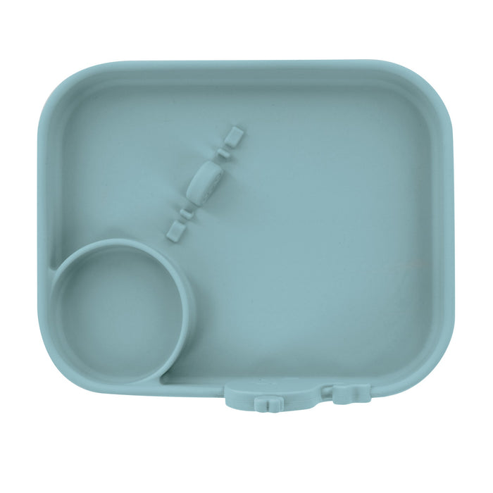 The Animal Friends 6-Piece Dinnerware Set - Blue Whale is a light blue silicone tray with rounded corners, a built-in circular section, and an attached utensil holder—ideal for baby feeding or your silicone tableware collection.