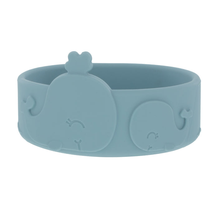 The Animal Friends 6-Piece Dinnerware Set - Blue Whale includes a light blue silicone bowl with embossed designs of two whales and hearts, perfect for self-feeding and easy use as baby tableware.