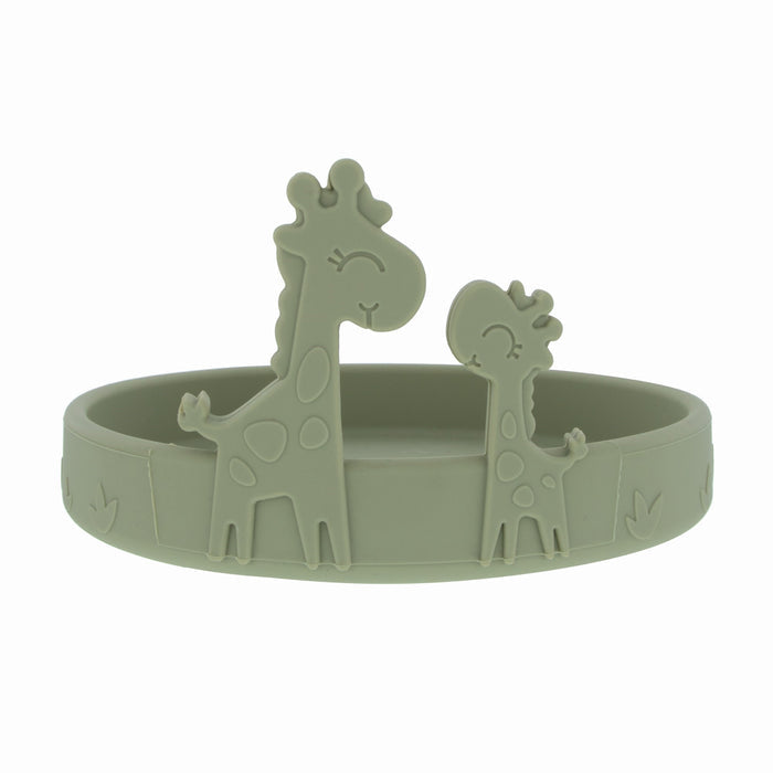 The Nuby Animal Friends 6-Piece Dinnerware Set - Green Giraffe features a green oval silicone baby plate with raised smiling giraffe designs and a leaf-patterned rim, ideal for pairing with matching toddler utensils or silicone tableware.