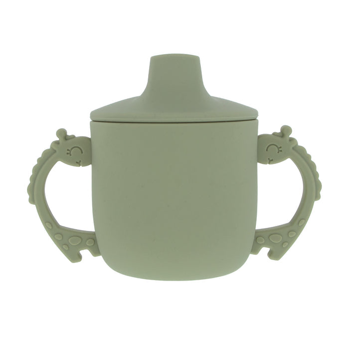 The Nuby Animal Friends 6-Piece Dinnerware Set - Green Giraffe features a light green toddler sippy cup with two smiling giraffe handles, a spill-proof spout lid, and a playful design to match any baby silicone tableware.