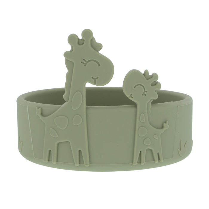 The Nuby Animal Friends 6-Piece Dinnerware Set – Green Giraffe includes a round, light green silicone bowl with two smiling giraffes, one large and one small, embossed on the side.