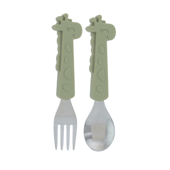 The Nuby Animal Friends 6-Piece Dinnerware Set - Green Giraffe features playful toddler utensils with metal heads and green giraffe-shaped handles, making them a perfect and fun addition to any baby feeding set.
