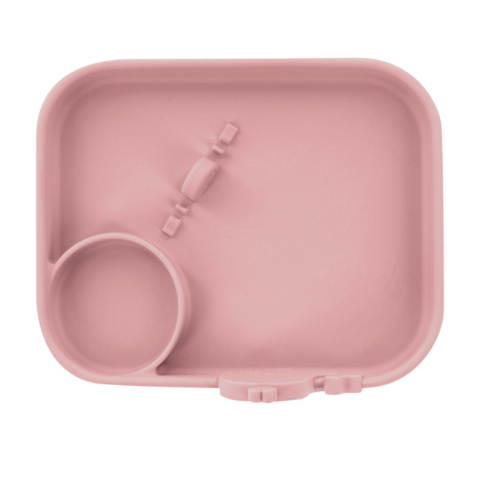 The Nuby Animal Friends 6-Piece Dinnerware Set - Pink Whale features a pink silicone tray with divided sections and raised utensil shapes, ideal for baby feeding and encouraging self-feeding skills.