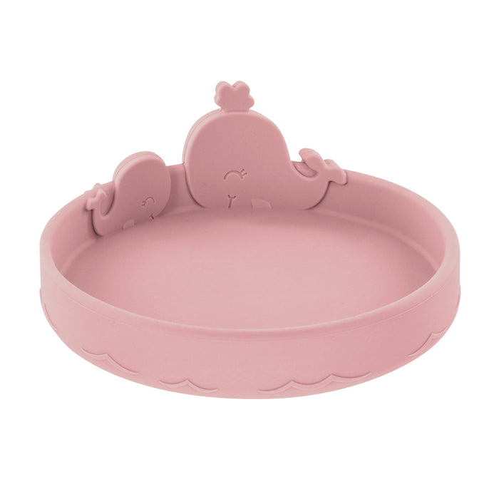 The Nuby Animal Friends 6-Piece Dinnerware Set - Pink Whale includes a round pink silicone plate with raised whale designs and wave patterns—ideal for self-feeding.
