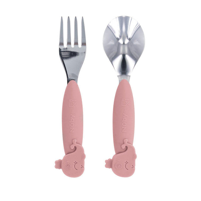 The Nuby Animal Friends 6-Piece Dinnerware Set in Pink Whale includes utensils with pink handles, metal heads, and cute animal face details—perfect for children learning to self-feed.