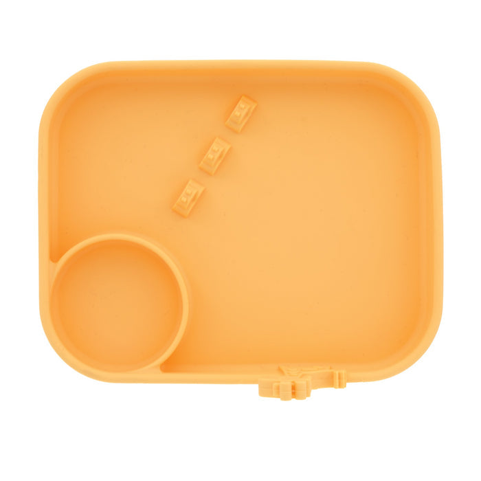 The Animal Friends 6-Piece Dinnerware Set - Yellow Giraffe is a rectangular yellow silicone tray with a round compartment in one corner and four small raised rectangles, perfect for baby self-feeding and utensils.