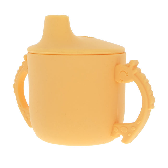 The Animal Friends 6-Piece Dinnerware Set - Yellow Giraffe includes a yellow toddler sippy cup with two textured handles and a spill-proof spout lid, perfect for encouraging self-feeding.