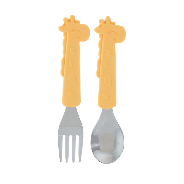 The Animal Friends 6-Piece Dinnerware Set - Yellow Giraffe includes a fork and spoon with yellow giraffe-shaped handles and metal heads, perfect for small hands learning self-feeding.