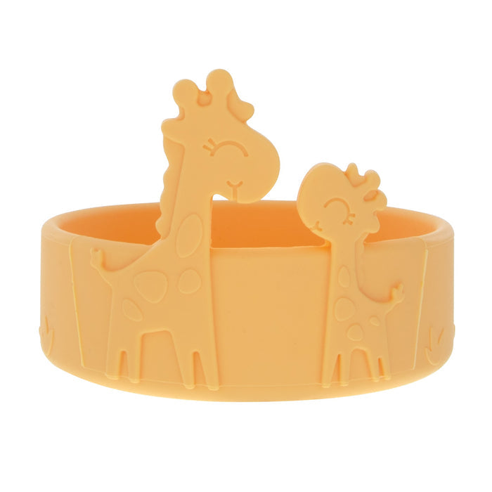 The Nuby Animal Friends All Silicone Bowl is an orange self-feeding bowl for babies, featuring two embossed smiling giraffes—one large and one small—facing each other, making mealtime fun for little ones.