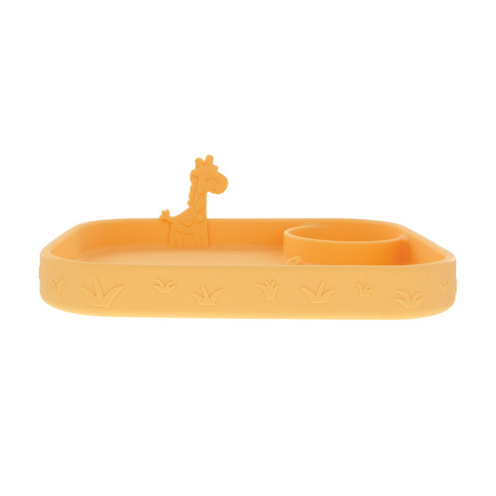 The Animal Friends All Silicone Tray is a rectangular orange food tray with raised edges, a giraffe figure, a small circular compartment, and embossed grass-like patterns—perfect for self-feeding babies.