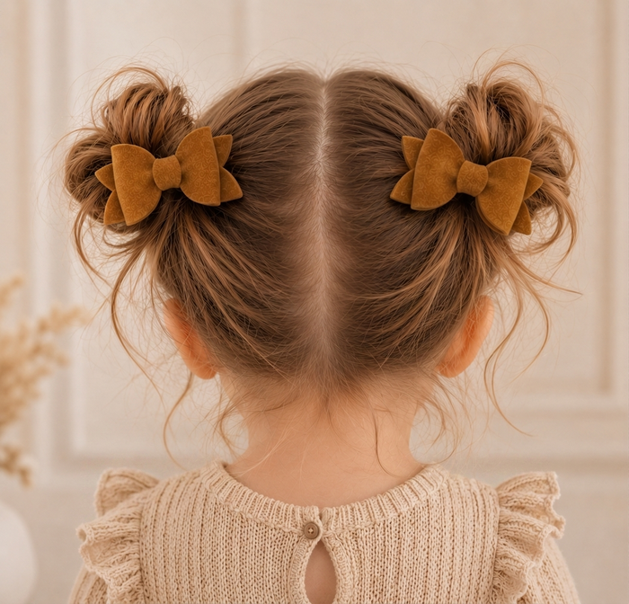 Child with brown hair styled in buns with velvet bows, wearing a beige knit sweater.