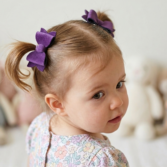 Child with purple hair bows in pigtails wearing a floral outfit.