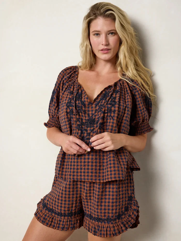 April Embroidered Cotton Top - Rust Gingham-view 2