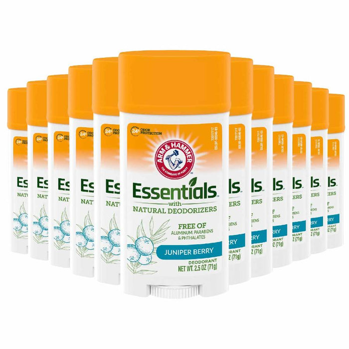 A pack of 12 Arm & Hammer Essentials Natural Deodorant sticks with Juniper Berry scent, each weighing 2.5 oz, displayed in a grid layout.