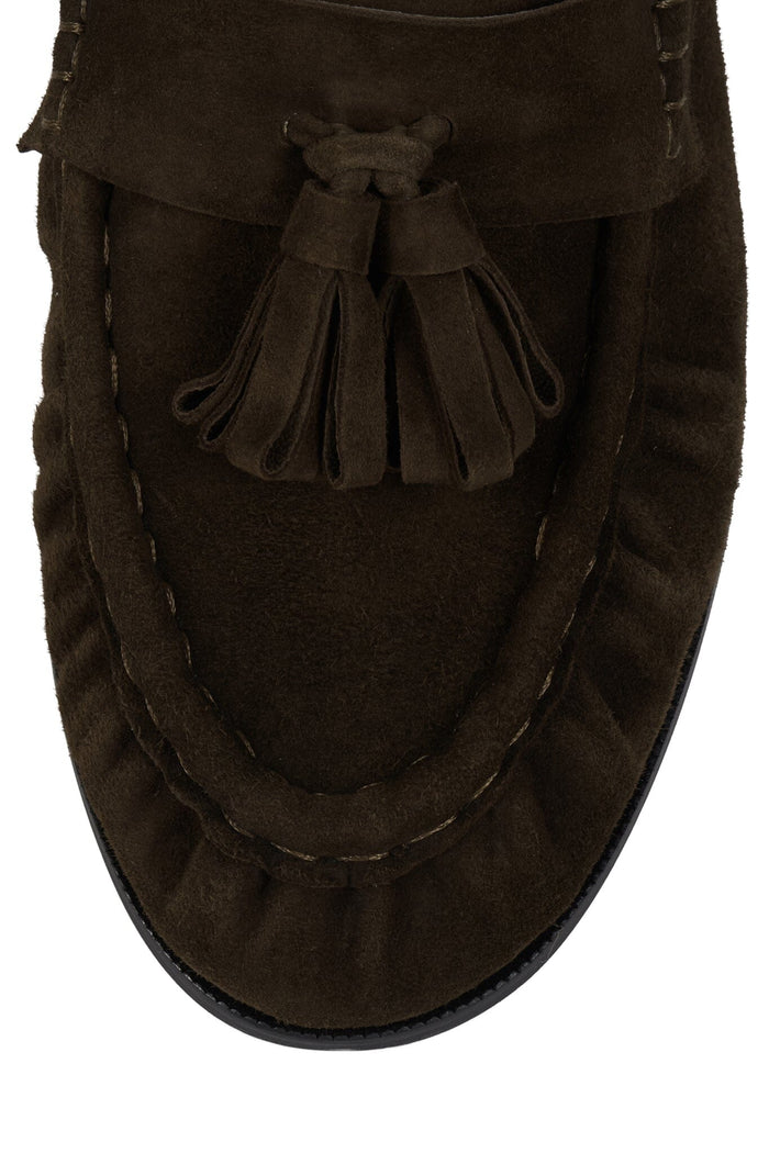 ARTICULATE Jeffrey Campbell Loafer with Tassel Detail Brown Suede