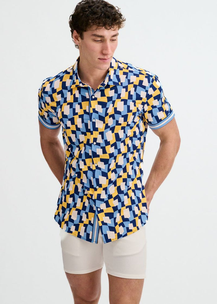 Atlantic/Yellow Abstract Printed Performance Stretch Short Sleeve Shirt W/Placket Detail St-26027