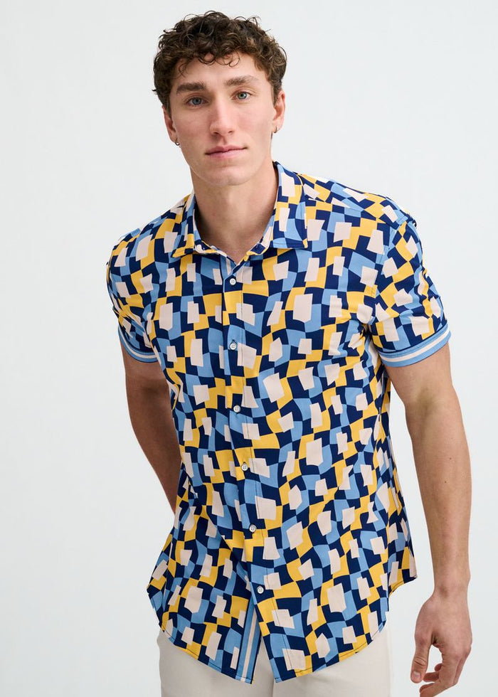 Atlantic/Yellow Abstract Printed Performance Stretch Short Sleeve Shirt W/Placket Detail St-26027