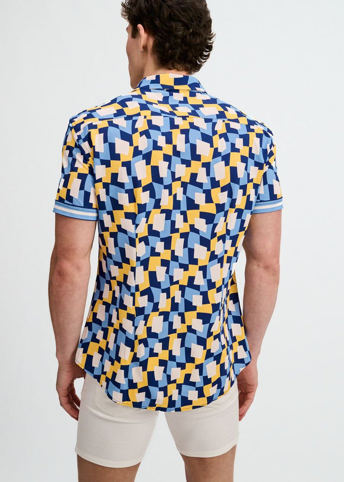 Atlantic/Yellow Abstract Printed Performance Stretch Short Sleeve Shirt W/Placket Detail St-26027