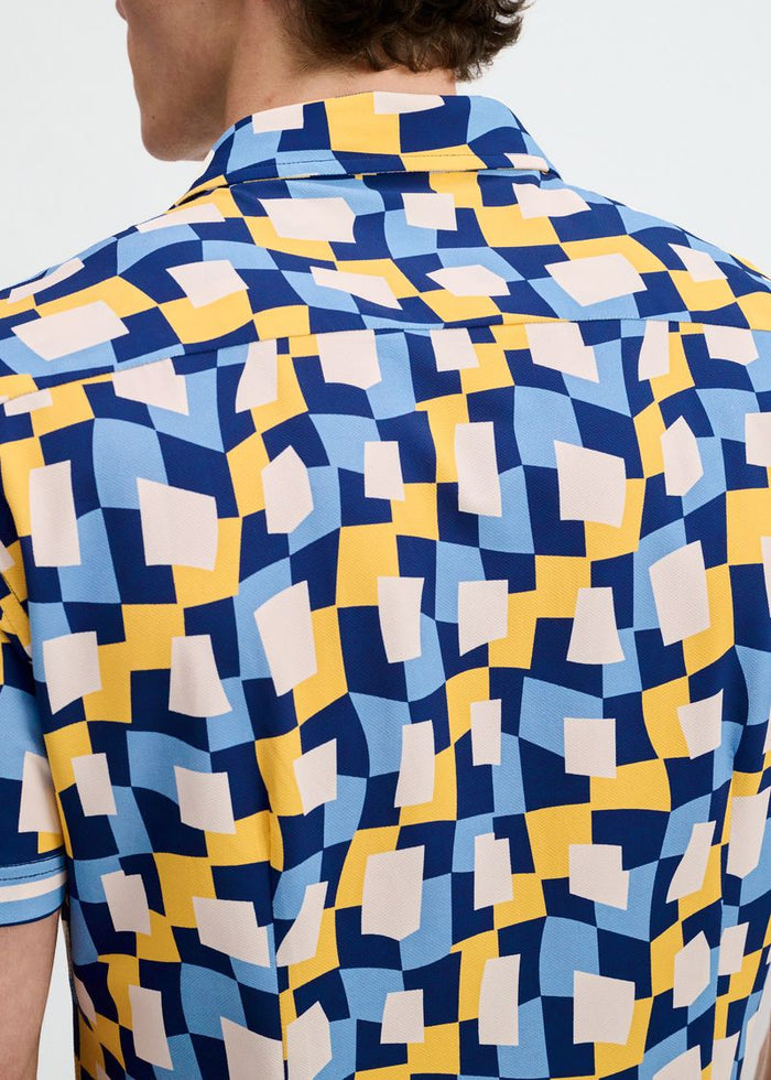 Atlantic/Yellow Abstract Printed Performance Stretch Short Sleeve Shirt W/Placket Detail St-26027