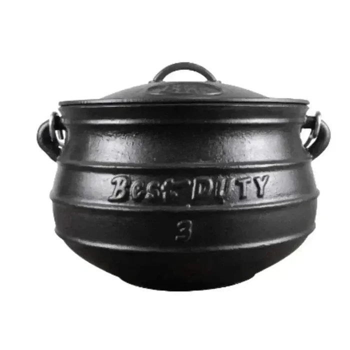 Cast iron Best Duty Potjie flat pot with lid and handle, 7.8L capacity for outdoor cooking