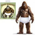 Bigfoot proudly poses beside a cartoon box of Bigfoot Underpants, highlighting the 100% cotton material and elastic waistband.