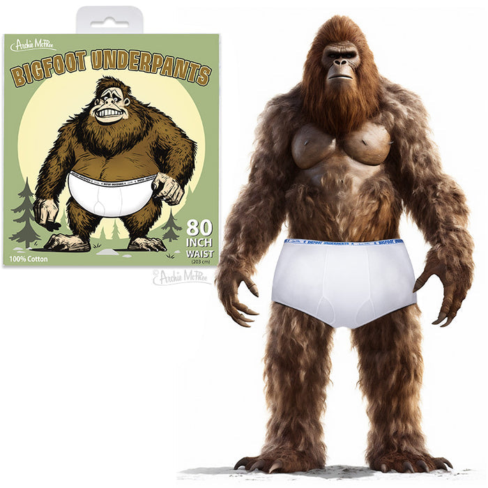 Bigfoot proudly poses beside a cartoon box of Bigfoot Underpants, highlighting the 100% cotton material and elastic waistband.