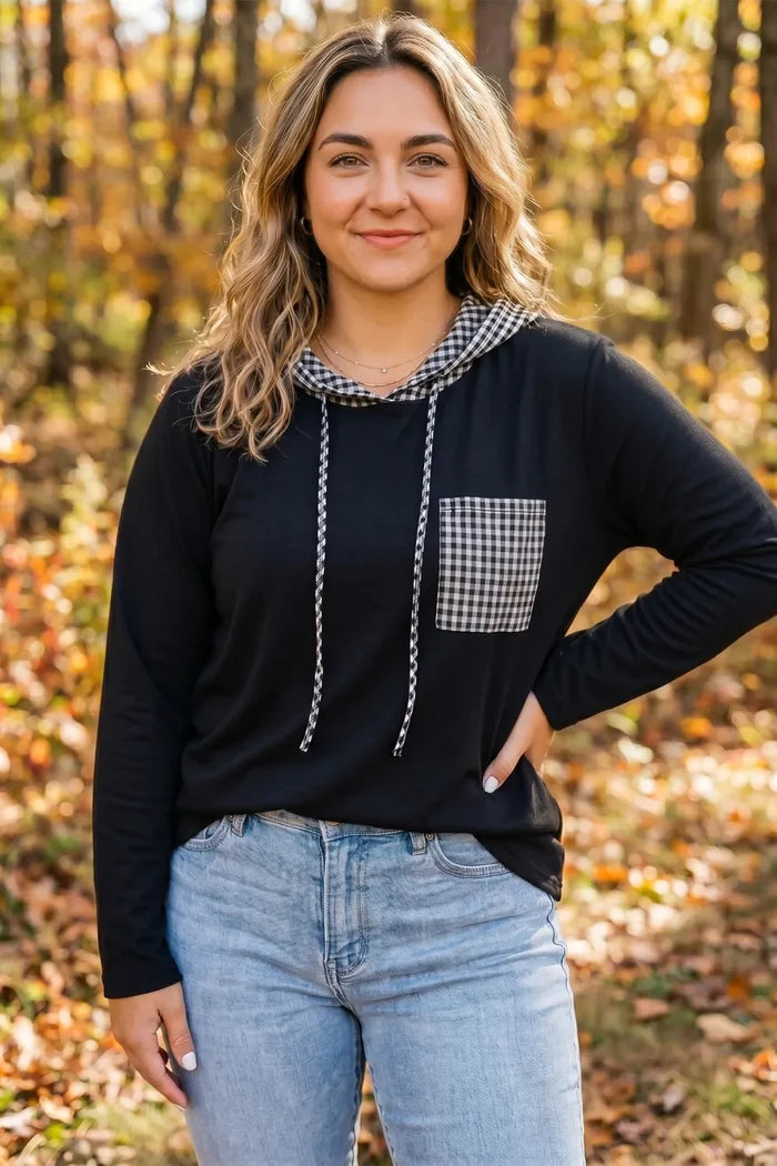 Black Hooded Gingham Pocket Shirt PLUS SIZE